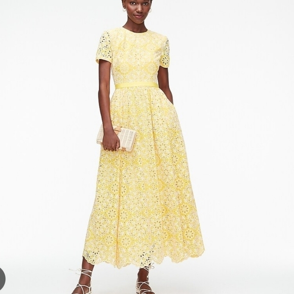 NWT J. Crew Eyelet Embroidered Maxi Dress in Saffron Yellow White 8 Open Back - Picture 1 of 14
